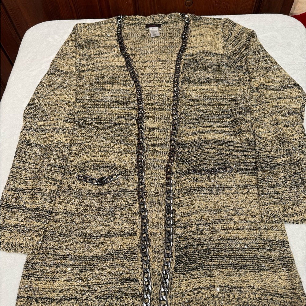 Mark Open Front Cardigan Metal Chain Accent Silver Metallic Sparkle Sz XL (C2-6)